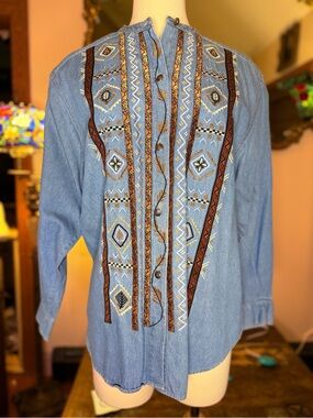 Sigrid Olsen Blue Denim Shirt with Brown & Cream Embroidery